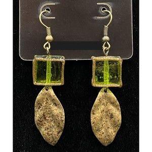 Bronze Tone Leaf & Green Glass Bead Earrings by Neanie-Bot